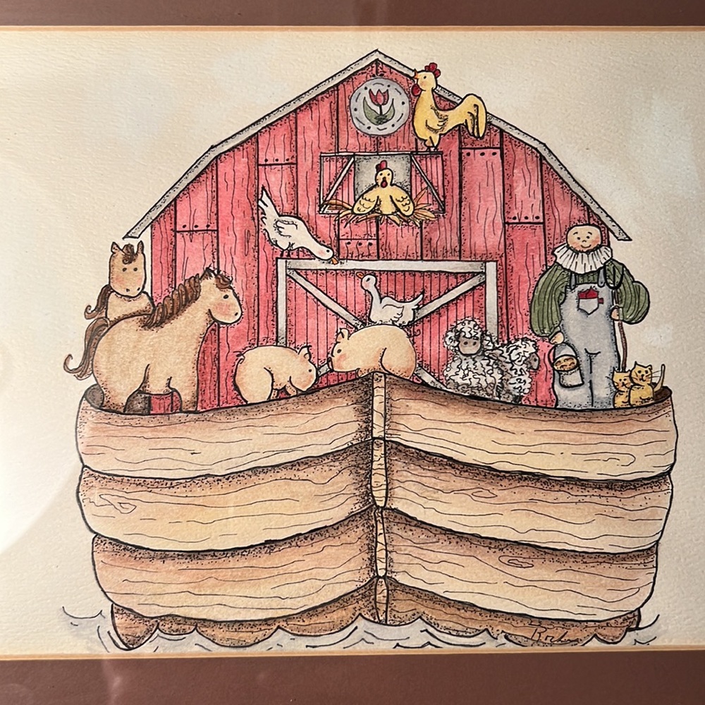 11 1/2 x13 1/2 framed matted pencil and ink drawing of Noah’s ark - Picture 2 of 4